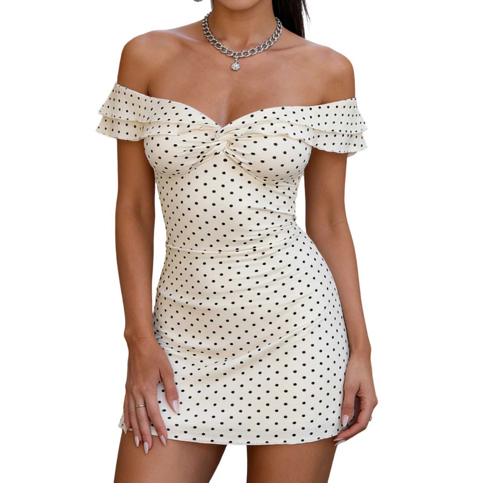 Womens Dress Ruffle Sleeve Off Shouler Ruched Chest Dot Print Slim Fit Bodycon Mini Dress M260304
