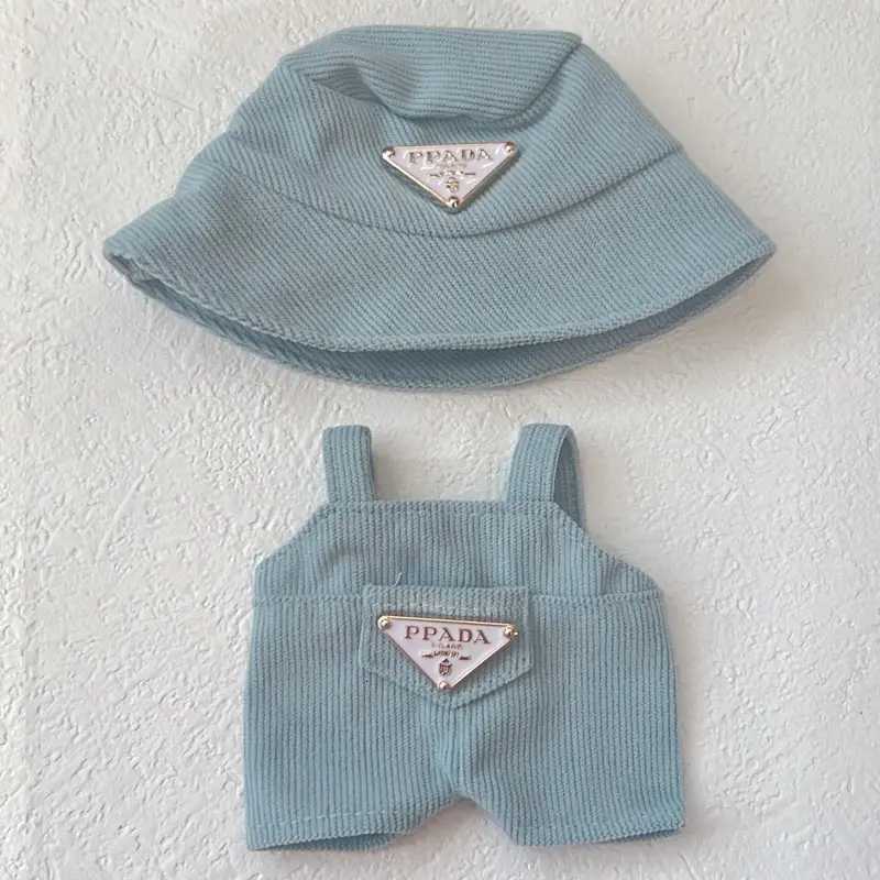 17cm Labubu Pink Corduroy Overalls & Hat Set, Luxury Doll Outfit with Triangle Logo for DIY Accessories & GiftsT260304