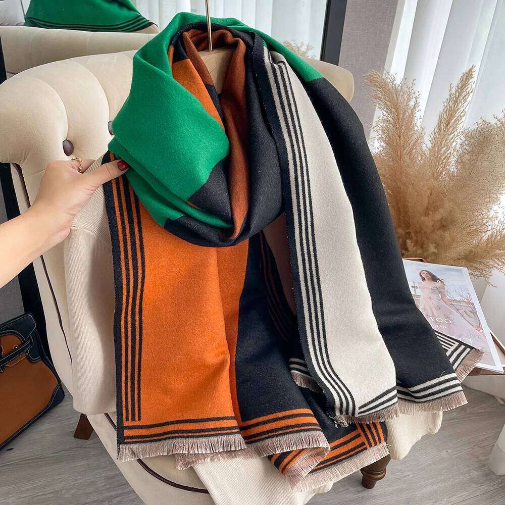 Winter women's geometric splicing faux cashmere fall winter thickened fashion warm and versatile scarf shawl XJ260304
