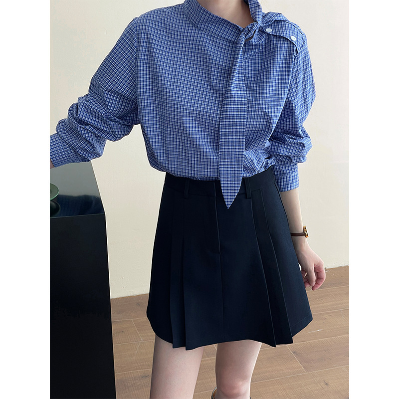 Taochuan 100% Cotton Blue Plaid Designer Shirt Lace-up Long-sleeve Shirt For Women Designer Hoodie Autumn Stylish Polo Shirt And Elegant Loose Top