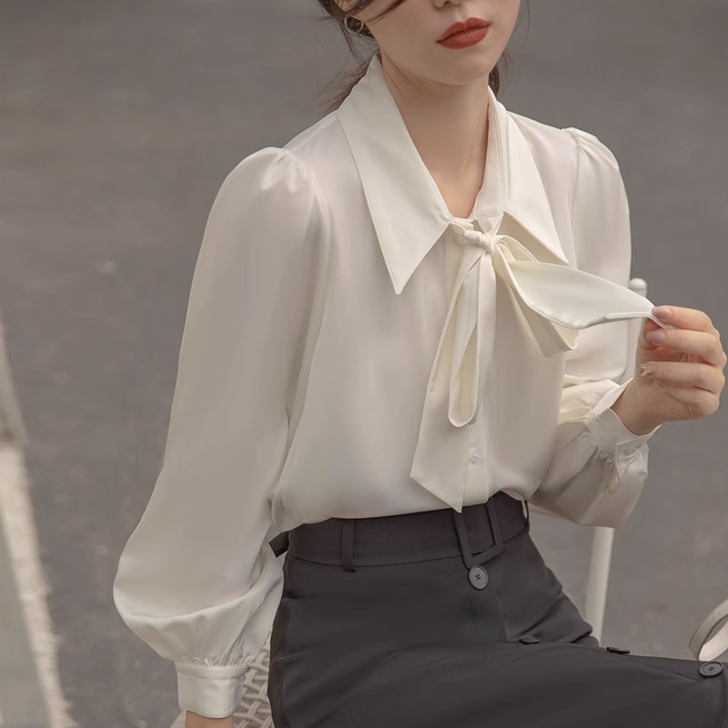 2026 Spring And Autumn New Lantern Sleeve Bowknot Shirt White Inner Designer Hoodie Polo Shirt Designer Shirt Blouse For Women Formal Dress With Tie Design Top