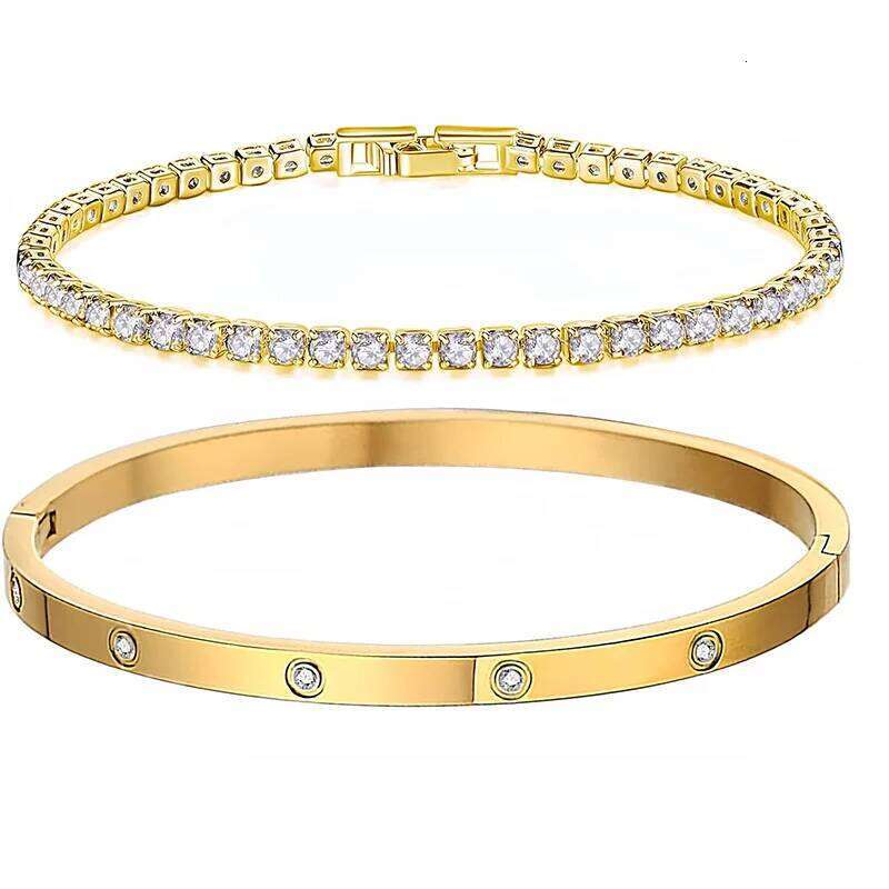 2Pcs/Set 18K Gold Plated Dainty Love Bangle Bracelets 4/6mm Cubic Zirconia Classic Tennis Bracele for Women XJ260303