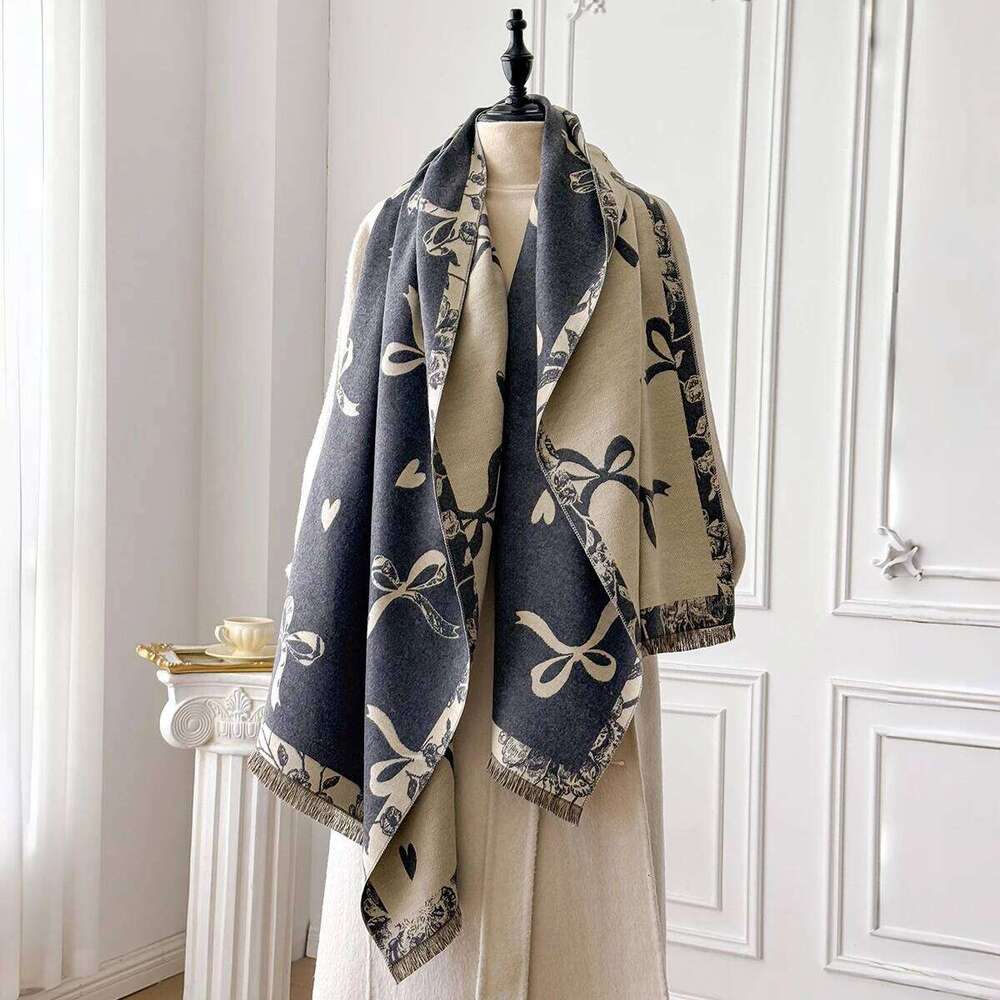 2025 Winter New Elegance Women Bow Pattern Scarf Thick Pashmina Two-Sided Shawls Warm Foulard Female Blanket Wraps XJ260304