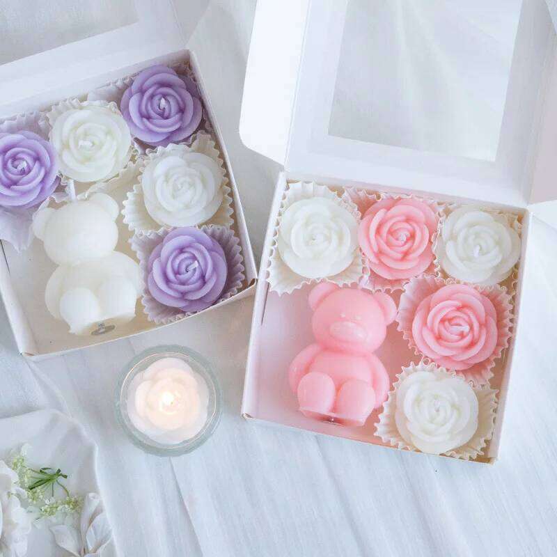 Rose Bear Scented Candles, Ins Romantic Atmosphere, Restaurant Table Decoration Handcrafted Pink Purple Light Fragrance Gift Box W260304