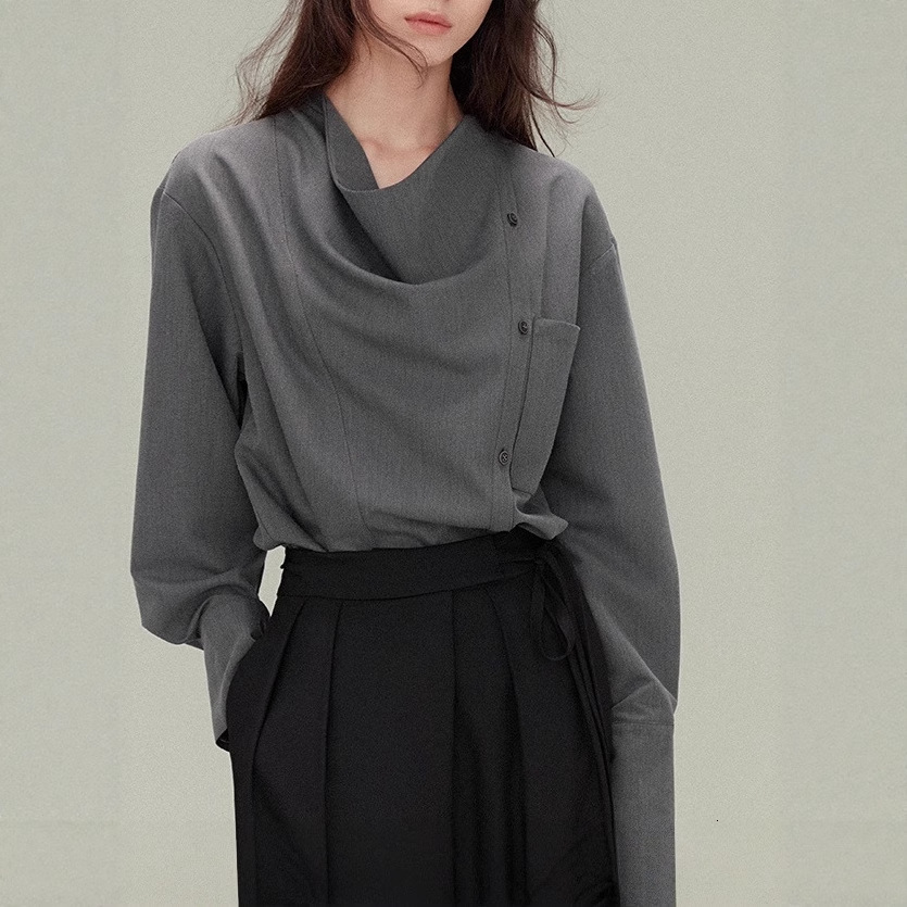 Vintage Relaxed Shirt With Asymmetrical Design Long-sleeved Polo Designer Shirt Shirt Blouse Base Shirt Designer Hoodie For Women TR Fine Twill Comfortable Autumn