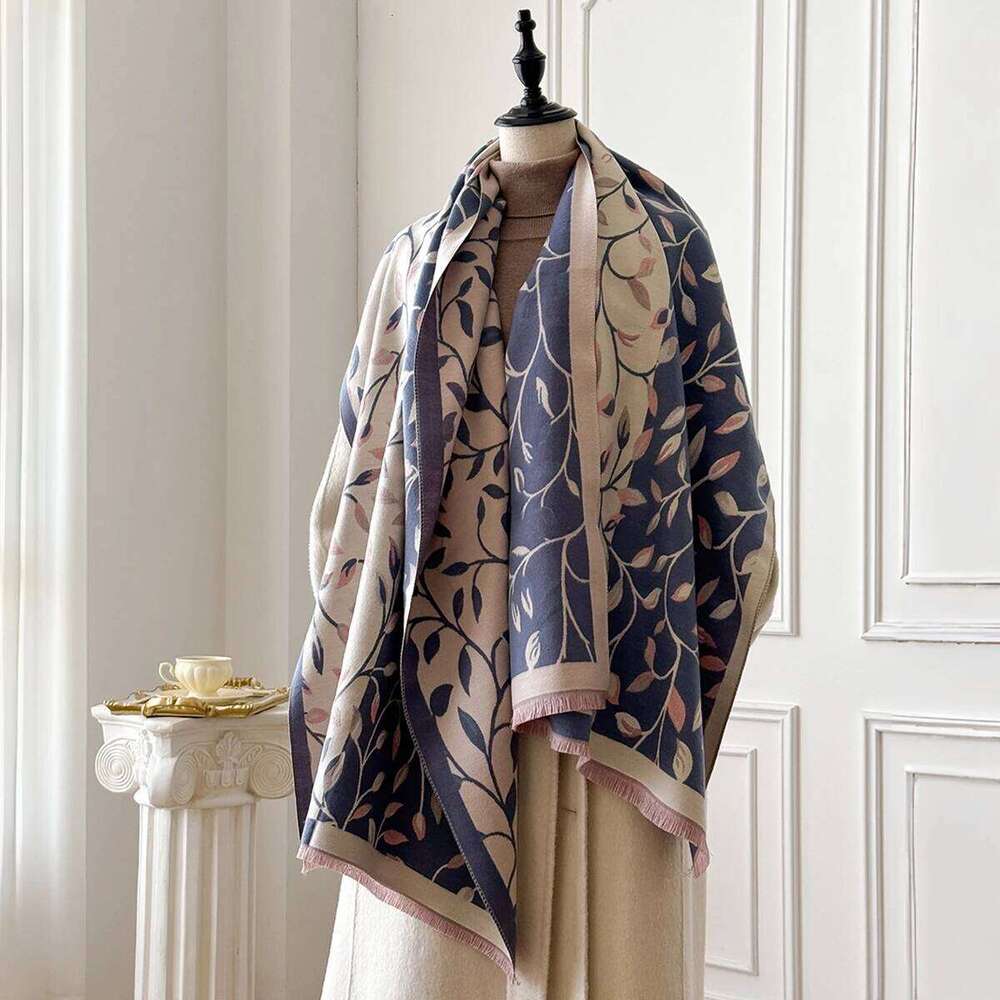 Brand Fashion Women's Cashmere Winter Shawl - Vintage Oil Painting Leaf Printed Tasseled Pashmina Thick Wrap & Echarpe Poncho XJ260304