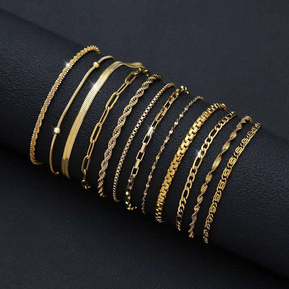 12Pcs/Set Stainless Steel Bracelet for Women, Silver Gold Color Multi Style Combination Chain, Waterproof Exquisite Jewelry Gift XJ260303