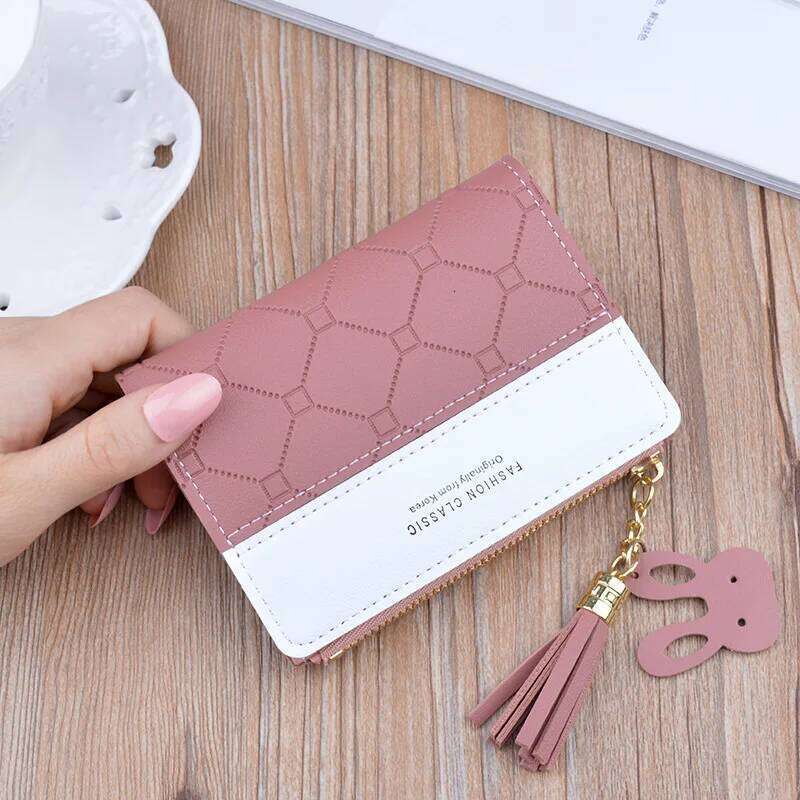 Women Short Wallet Patchwork Small Zipper Purse Checked Embossed Tassel Wallets Cute Simple Card Holder Pink Mini Money Bag C260304