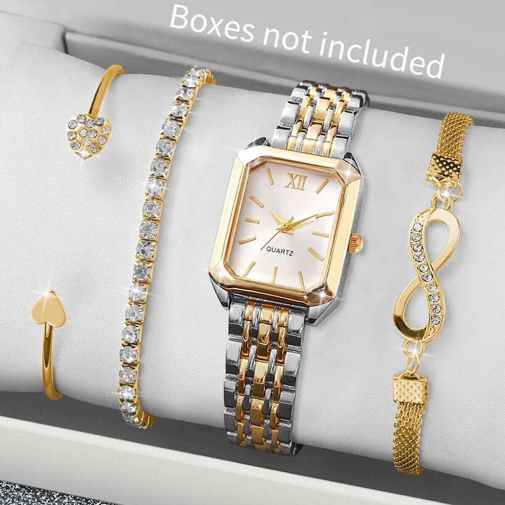4PCS Elegant Women Rectangle Roma Dial Wristwatch Fashion Alloy Strap Quartz Watch With Diamond Bracelets Set Without Box XJ260303