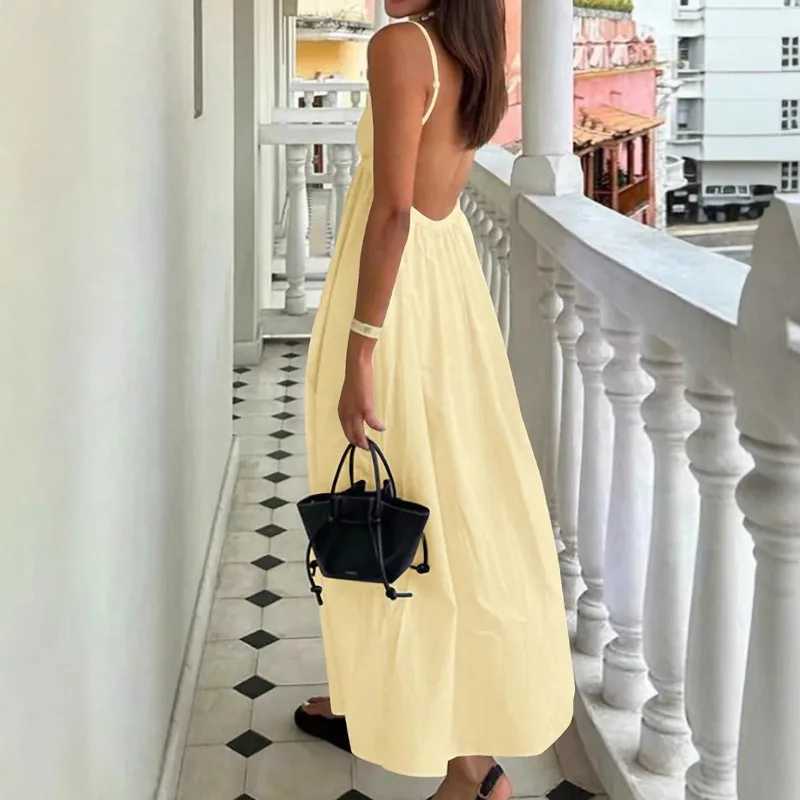New Dresses 2025 Woman Fashion Summer Sexy Backless V-neck Skirt Holiday Solid Colours Top Clothing M260304