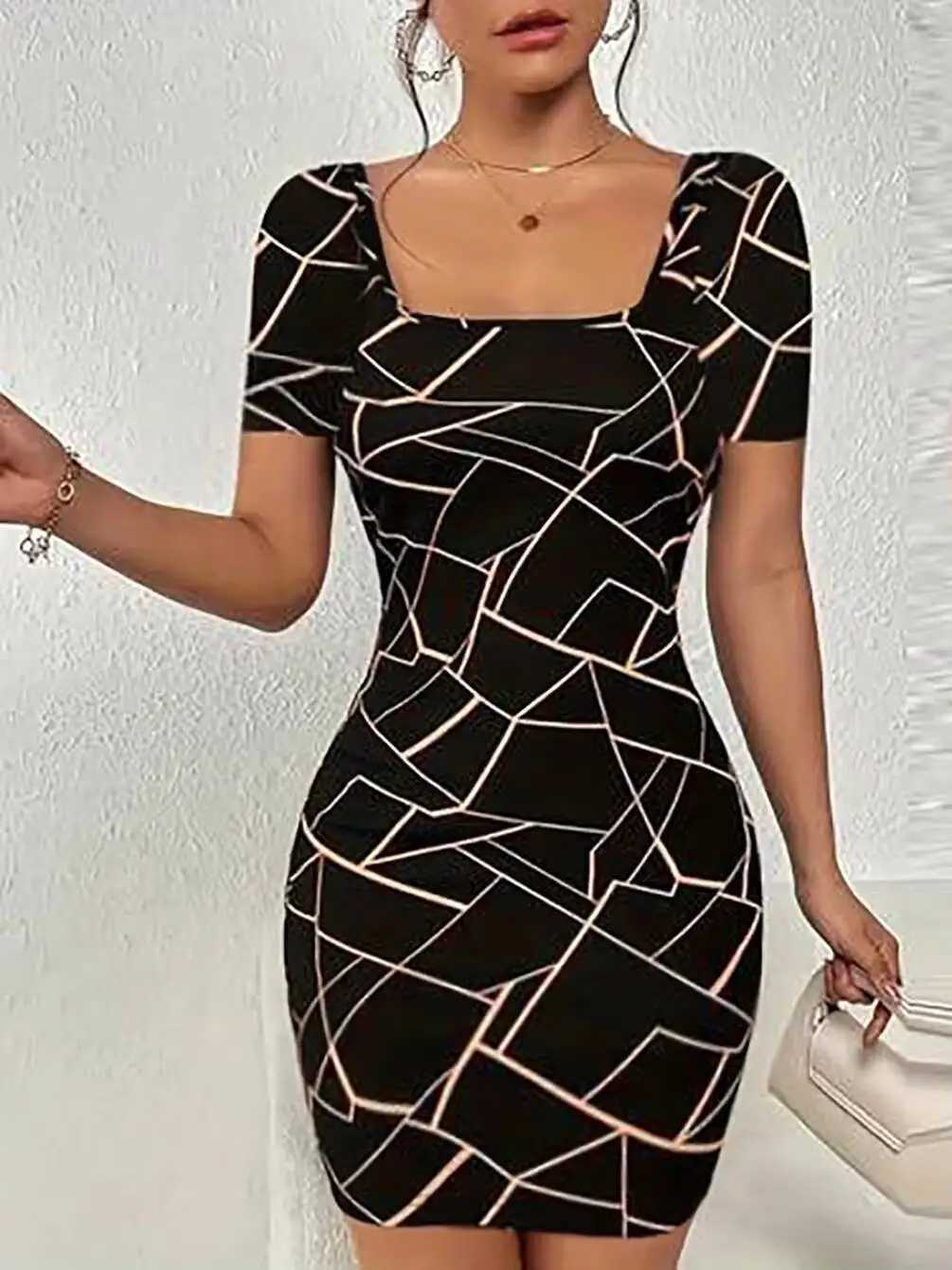 Women Dress Square Neck Short Sleeve Geometric Print Bodycon Mini Dress Sleek Spring Summer Chic Party Club Night Out Flattering M260304