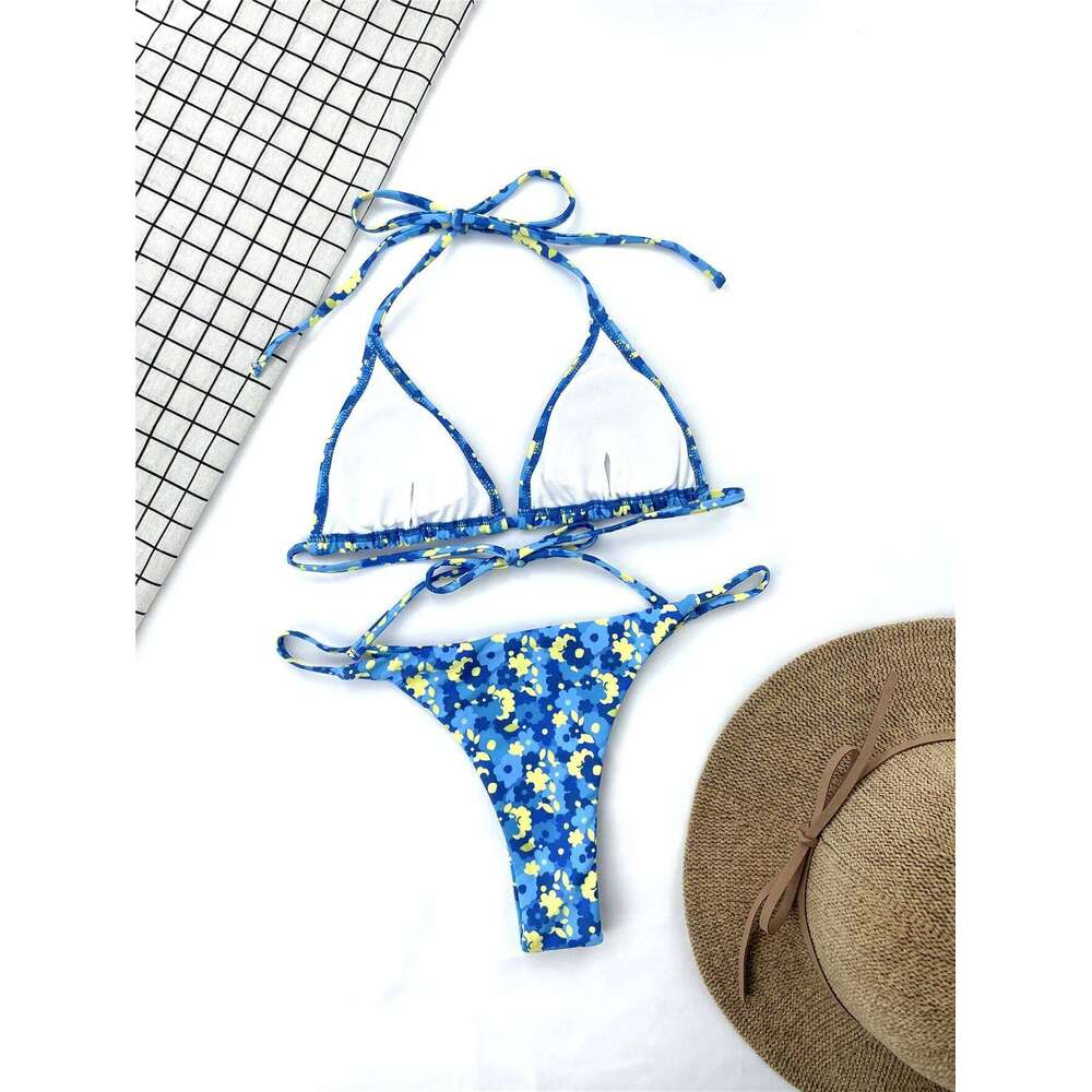 Blue Floral Lace-up Vintage Print Fashion Girl Summer Clothes Ladies Split Swimsuit 2022 Sexy Bikini Y260303