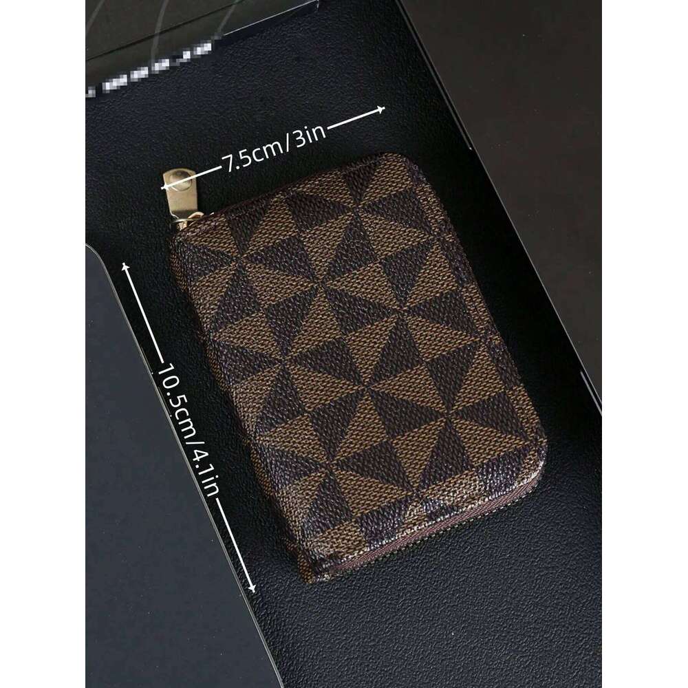 Stylish Checkered Pattern Holder Vintage Zipper Small Wallet - Portable Lightweight Card Case for Men and Women C260304