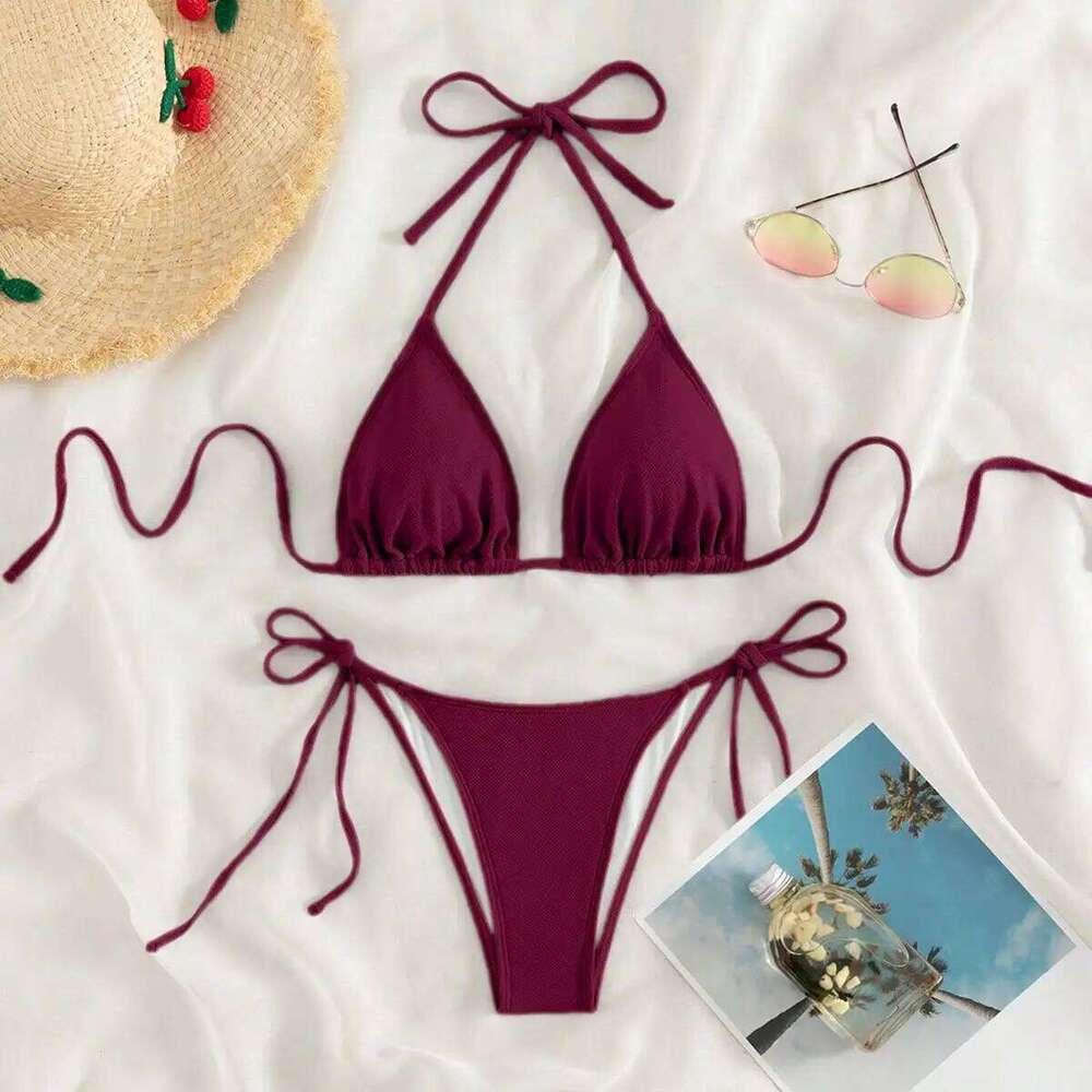 Summer wine red bow front tie bikini swimsuit set Y260303