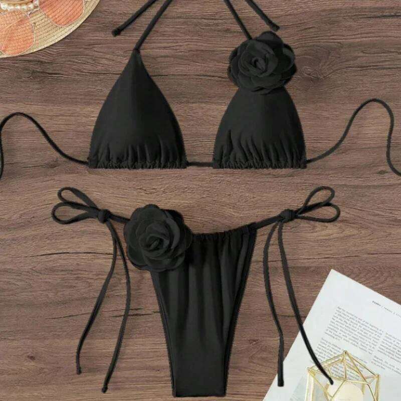 S - L Sexy 3D Flowers Halter Strappy Women Swimwear Female Swimsuit Two-pieces Bikini Set Bather Bathing Suit Swim Y260303