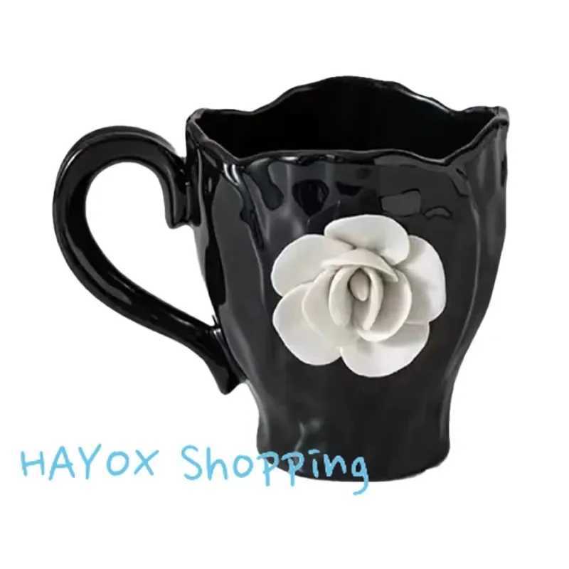 French Camellia Ceramic Coffee Mugs 3D White Rose Breakfast Milk Cup Coffee Cup Saucer Set High Quality Kitchen DrinkwareT260304