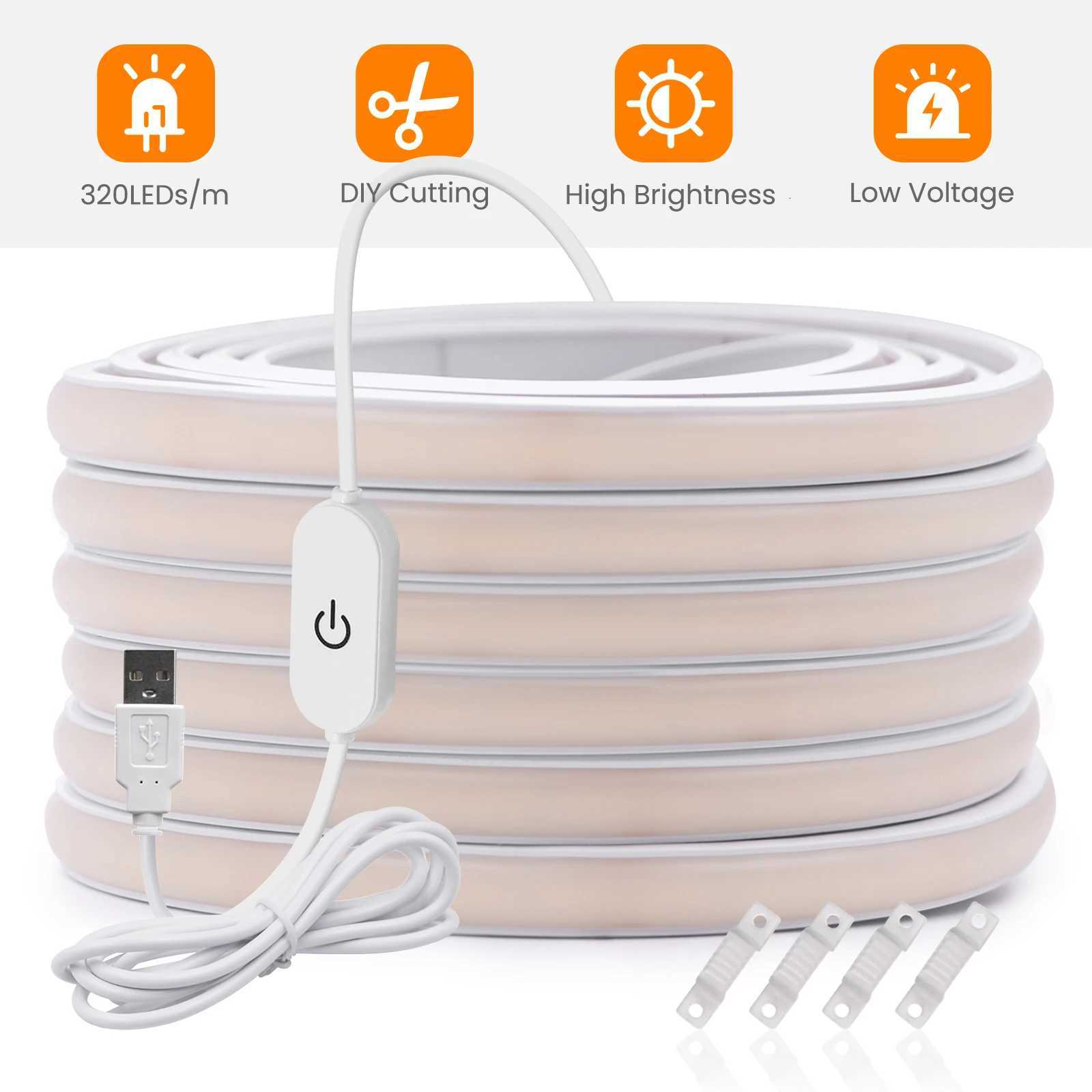 Dimmable COB LED Strip Neon Light 5V USB Flexible Adhesive Tape with ON OFF Switch 320LEDs/m Waterproof LED Light for Room Decor H260304