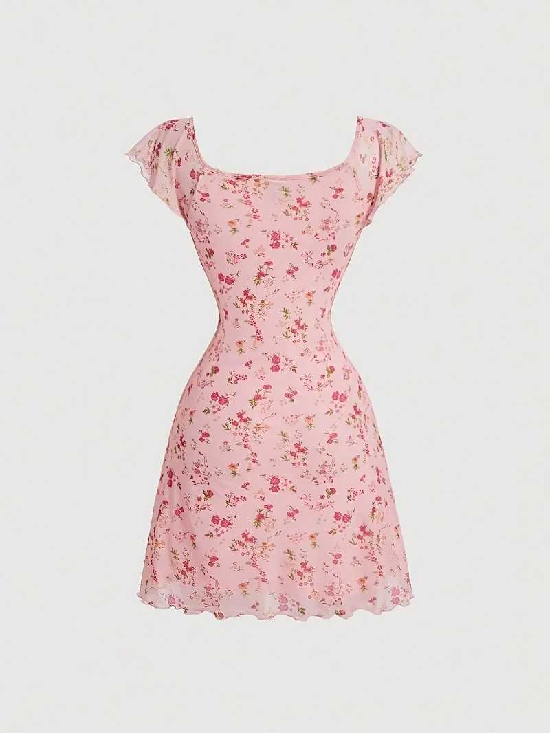 Womens Dresses Sleeveless Ruffled Trim Square Collar Tie-up Cut Out Backless Floral/Dots Summer Party Short Mini A-line Dress M260304