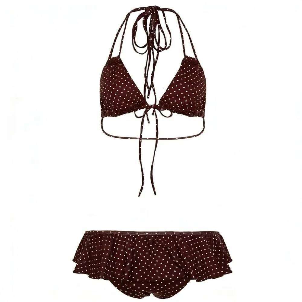 Sexy Ruffled Bikini Suit Slim Fit Deep-V Swimwear Set Lace Up Halter Neck Polka Dot Swimsuit Swimming Pool Y260303