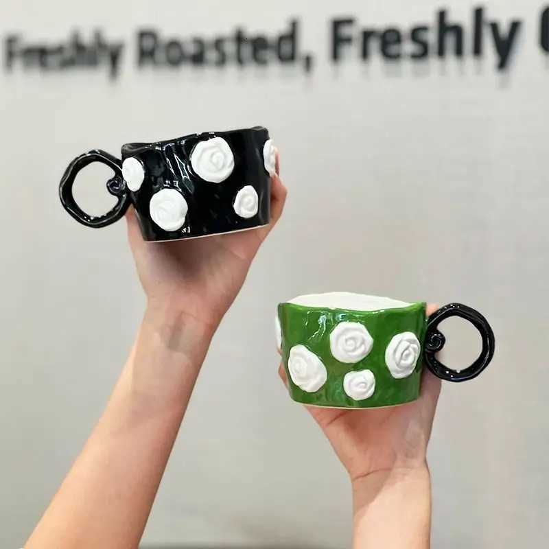 Girls Heart 3D Relief Rose Ceramic Mug Couple Drinking Water Coffee Cup Gift Handheld GiftT260304