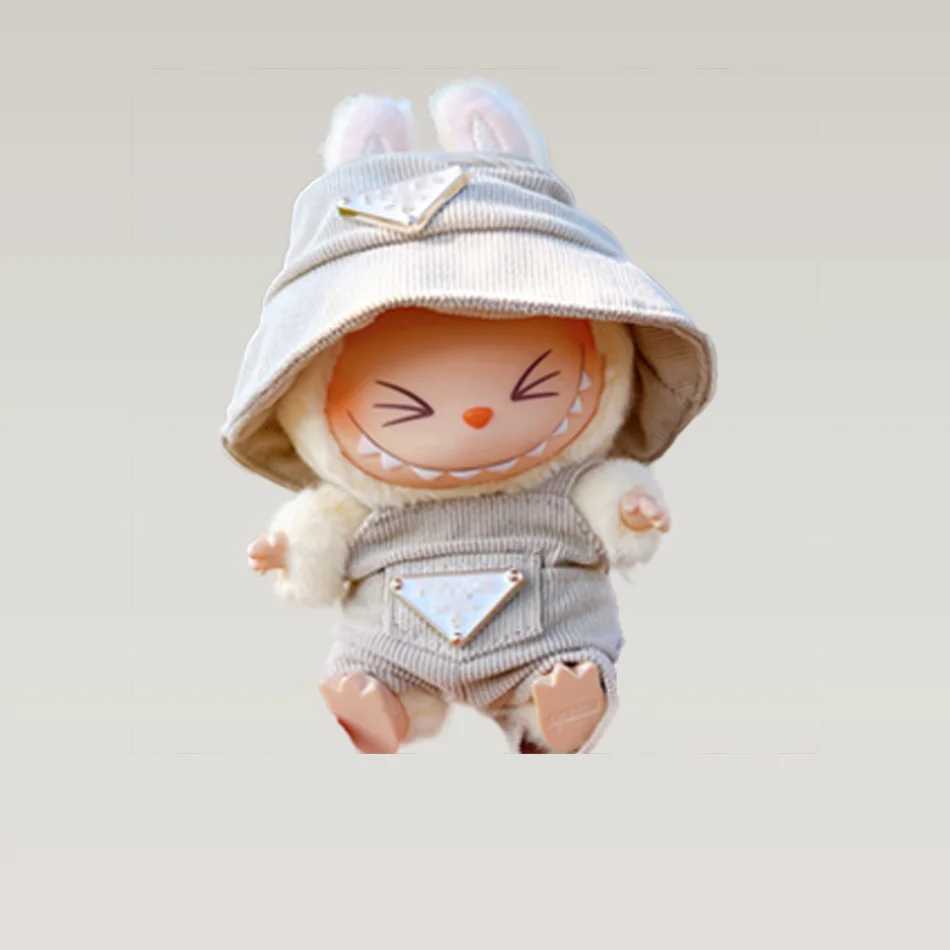 Labubu 17cm Korean Idol Outfit - Corduroy Jumpsuit & Bucket Hat Set, Kpop Style Doll ClothesT260304
