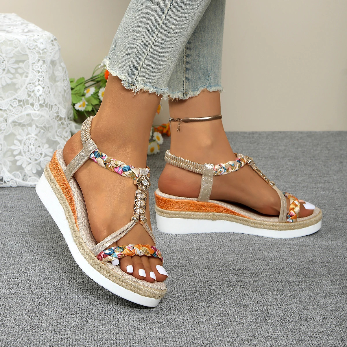 Women Wedge Sandals Summer Braided Band Platform Gladiator Sandals Woman Thick Bottom Beach Shoes Women Sandalias De Mujer 260305