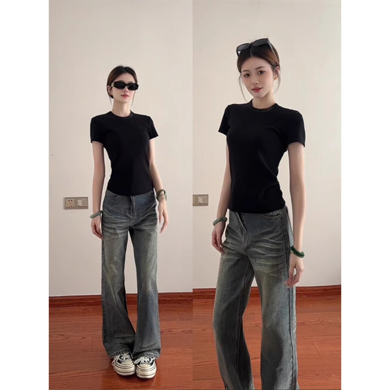 Slim-fit Round-neck T-shirt For Women Summer Slimming Regular Shoulder Pure Designer Hoodie Cotton Black D Polo Designer Shirt Shirt Basic Layering Top
