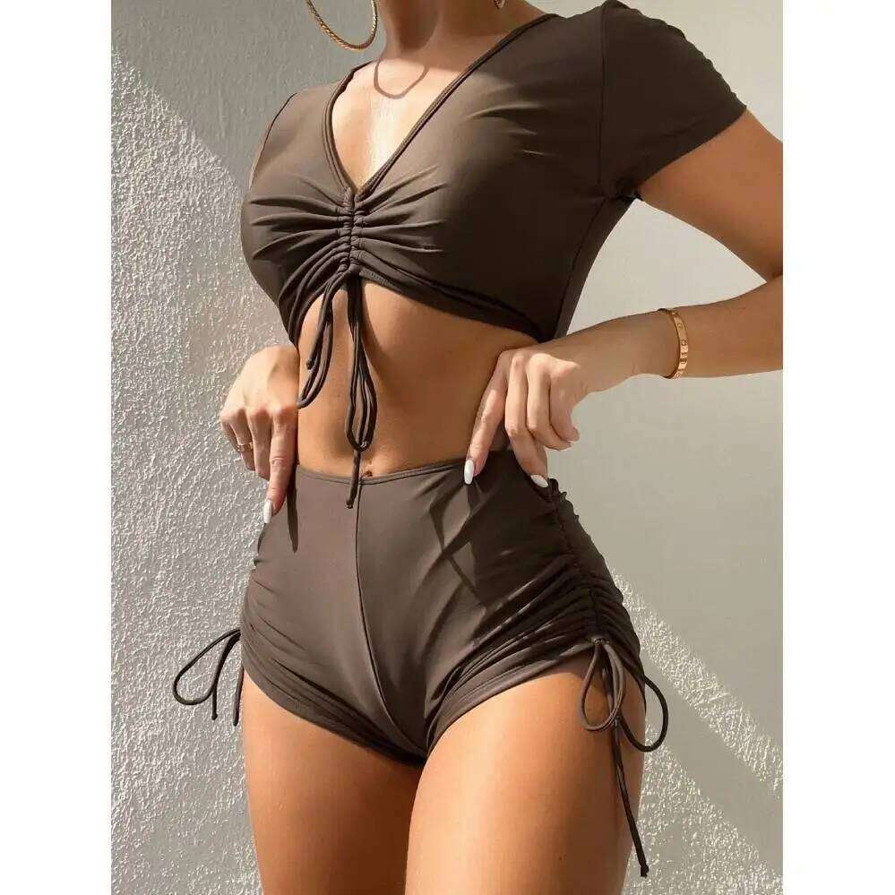 Women Summer Bikini V-Neck Short Sleeve Tops High Waist Bikinis Two Pieces Set Female Swimwear Vacation Outfits Y260303
