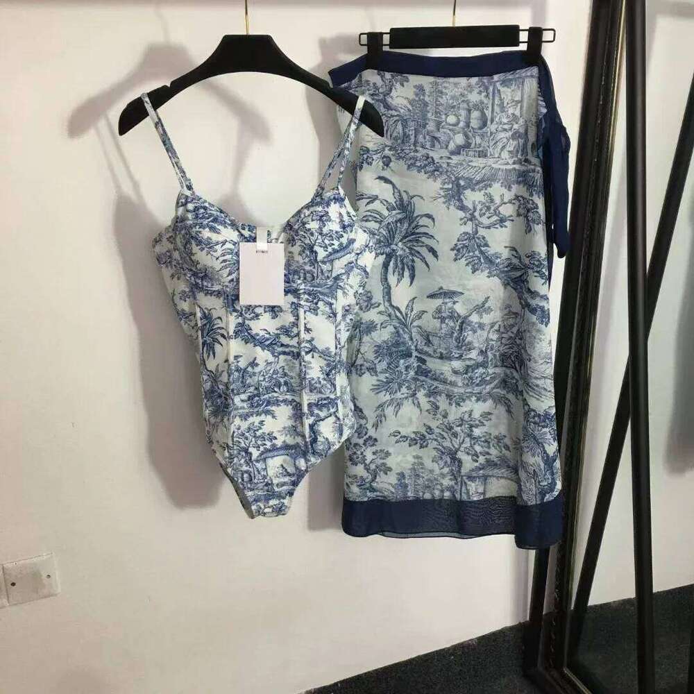 Luxury Women's Swimsuit Classic Blue Forest Print Strapless Swimwear Fashion Design Sexy Beach Bikini Skirt Sets Y260303