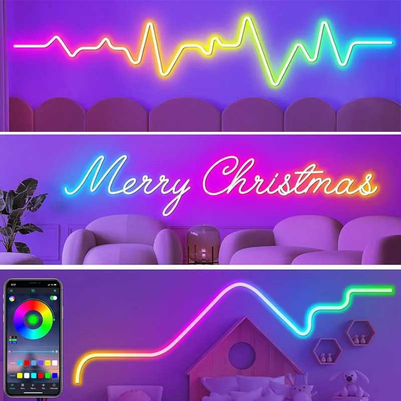 5V USB RGB-IC Neon LED Strip Light 1M 2M 3M 5M Flexible Lamp Tape Neon Lights With Bluetooth APP Control For Home Room Decor H260304