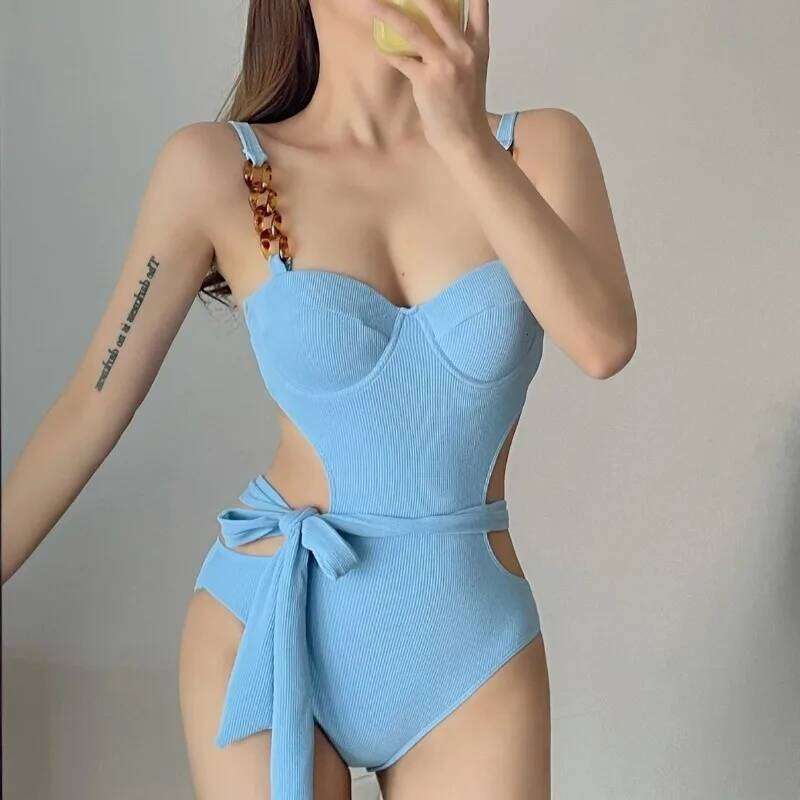 Korean One Piece Swimsuit for Women, Spaghetti Strap Push Up Small Bust, Tummy Control Slim Fit Spicy Vibe Vacation Bathing Suit Y260303