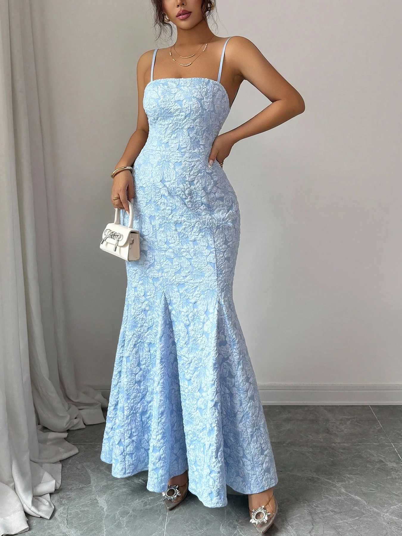 Womens Mermaid Dress Light Blue Spaghetti Strap Backless Lace-Up Maxi Skirt Formal Prom Spring Summer Elegant Evening Gown M260304