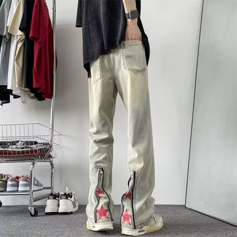 Trendy High Street Jeans With Zipper On The Leg Loose Fit Fashionable Washed Designer Pants Straight-leg Denim Versatile Casual Pants For Men