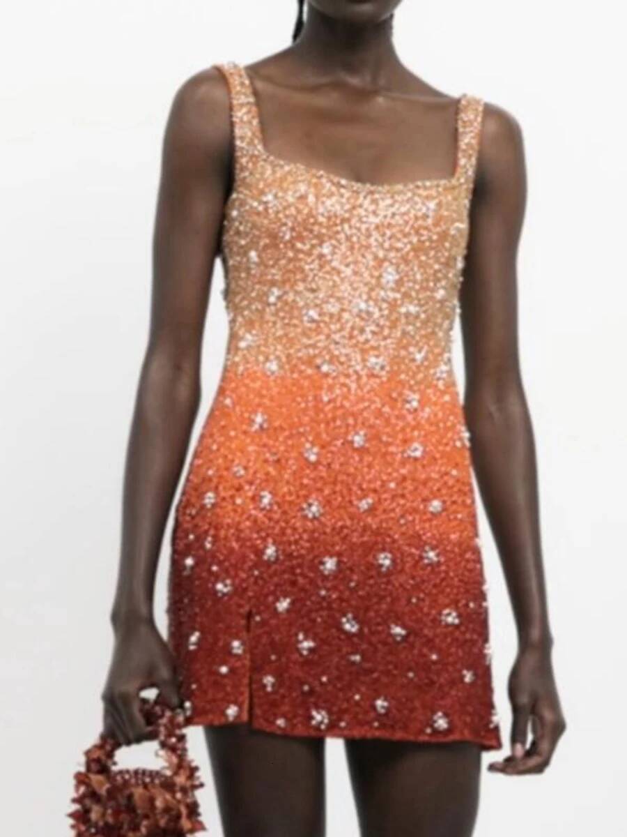 New Temperament Sequin Slim Evening Casual Square Collar Pearl Design Summer Hollow Sleeveless Suspender Club Dress