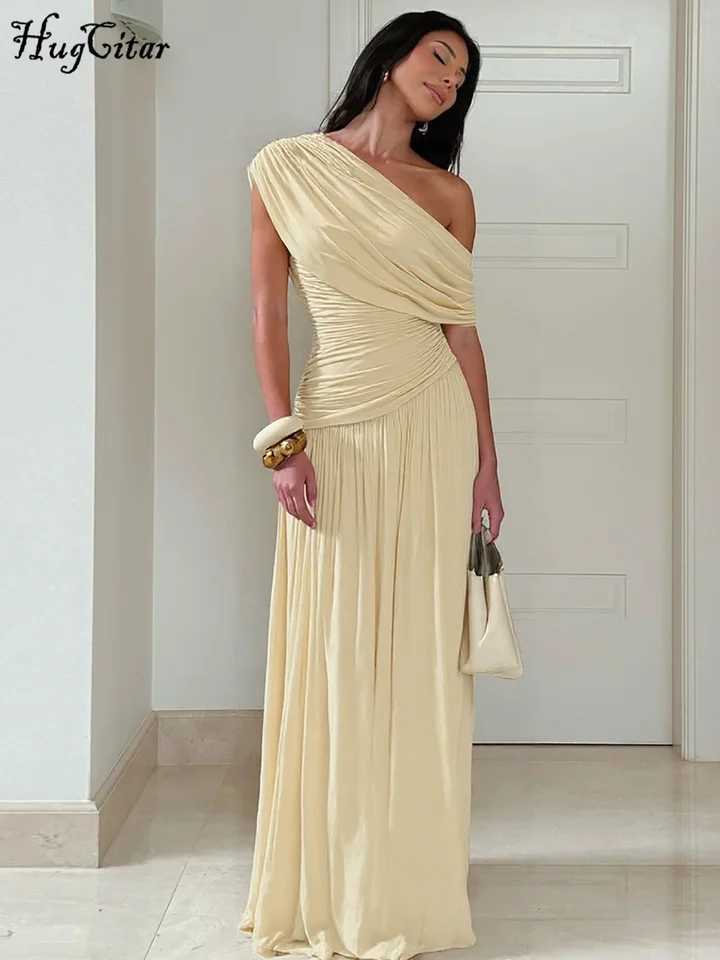 Hugcitar One Shoulder Ruched Sleeveless Solid Pleated Sexy Irregular Y2K Maxi Dress Summer Elegant Party Women Clothes Vacation M260304