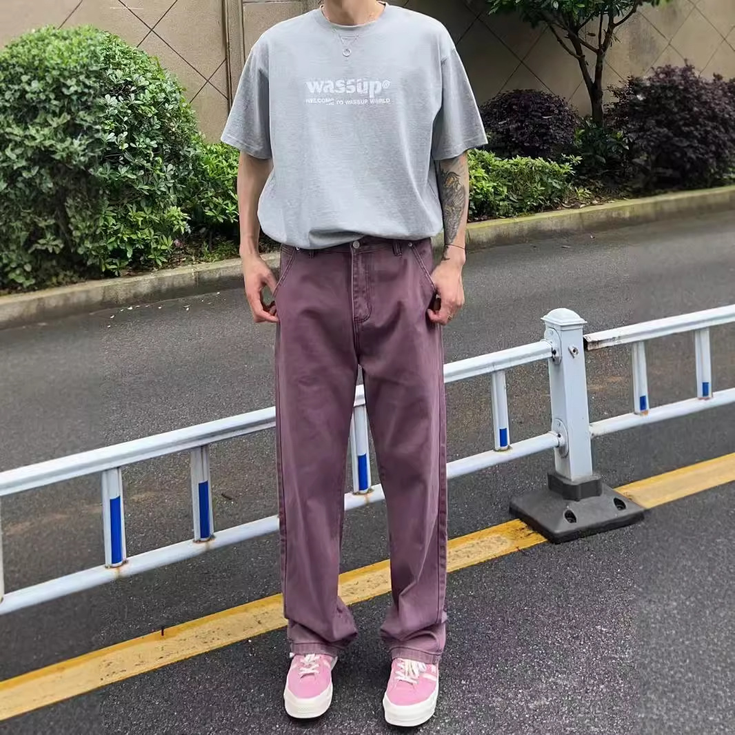 American Retro Washed Distressed Purple-red Jeans For Men Trendy Casual Versatile Loose Straight Designer Pants Workwear Pants