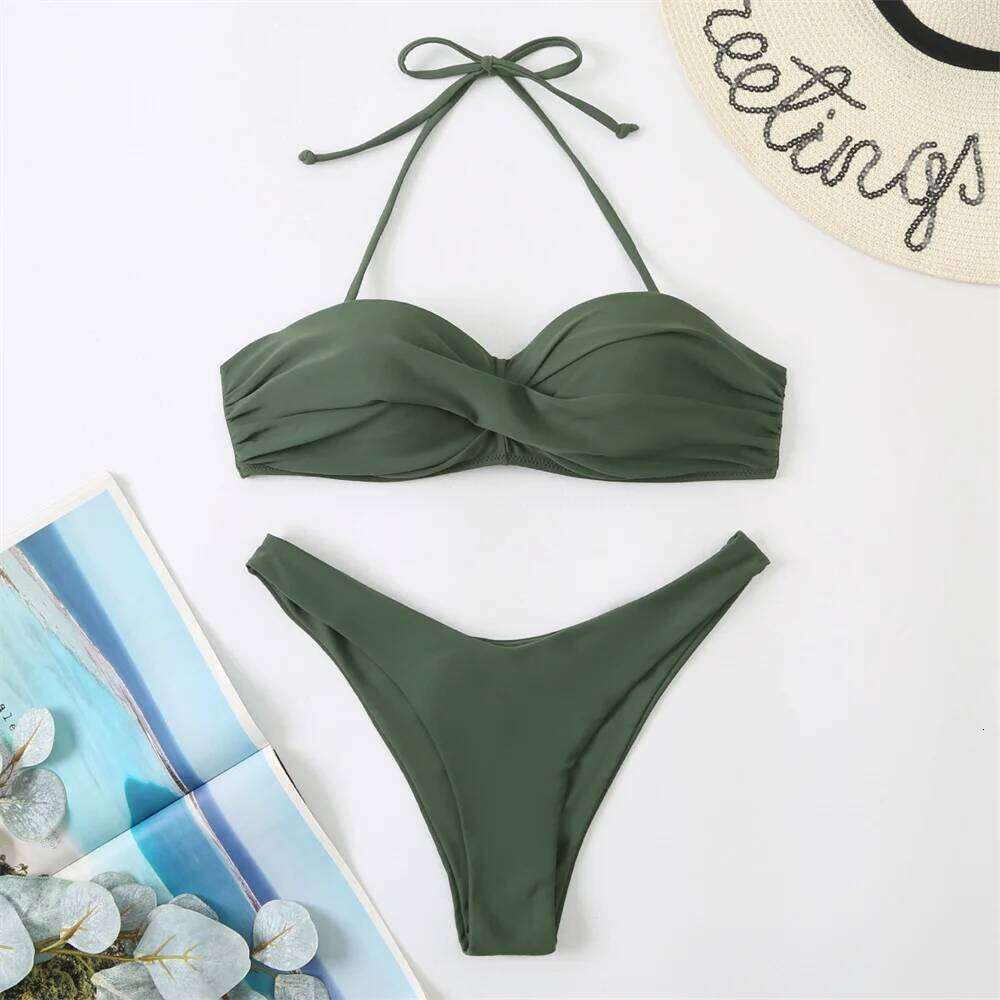 Sexy String Bandeau Swimsuit Bandage Bikini Wrinkles Pleated Push Up Swimwear Women Beach Outfits Bathing Suits Bikinis De Mujer Y260303