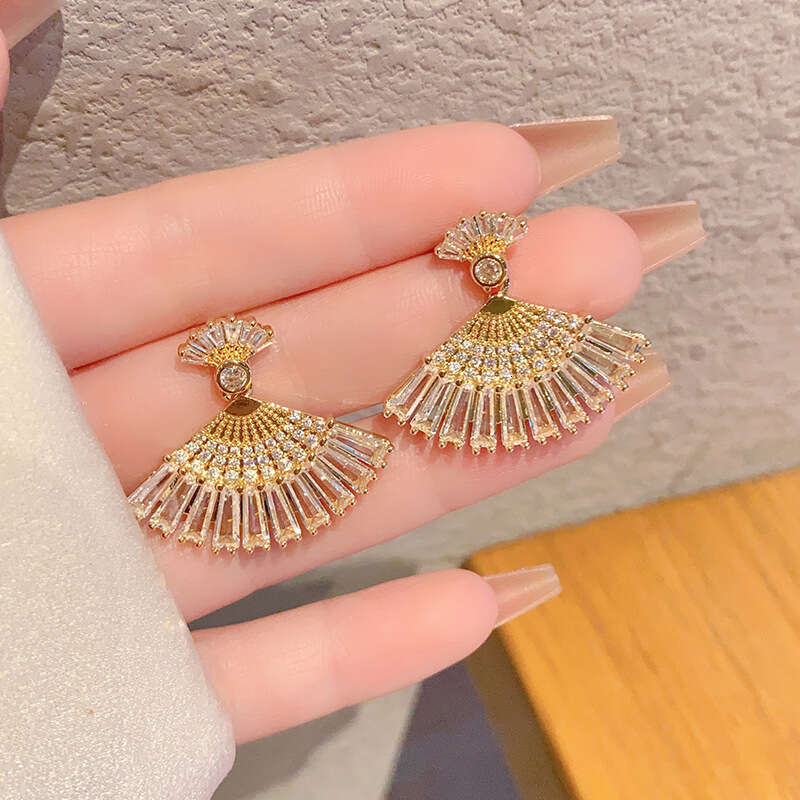 Light Luxury Style Zircon-studded Ballet Girl Skirt-shaped Fan-shaped High-end Earrings