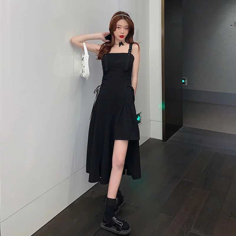 Streetwear Women Dress Fashion Summer Asymmetrical Sleeveless Sundress Lace-up Vintage Black Solid College Harajuku Chic Girls M260304