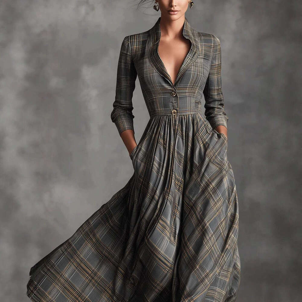 Elegant Womens Shirt Dress for Commute Leisure Grid Print Pleated Long Sleeve Dress with Pocket Autumn Office Dress