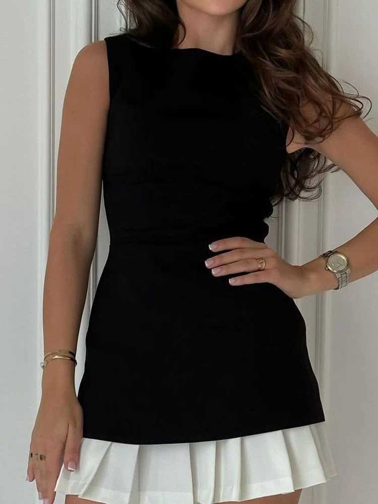 Lady Office Commute High street Mini Dress Elegant Patchwork Pleated Short Dress For Women Fashion Slim Sleeveless Vestidos M260304
