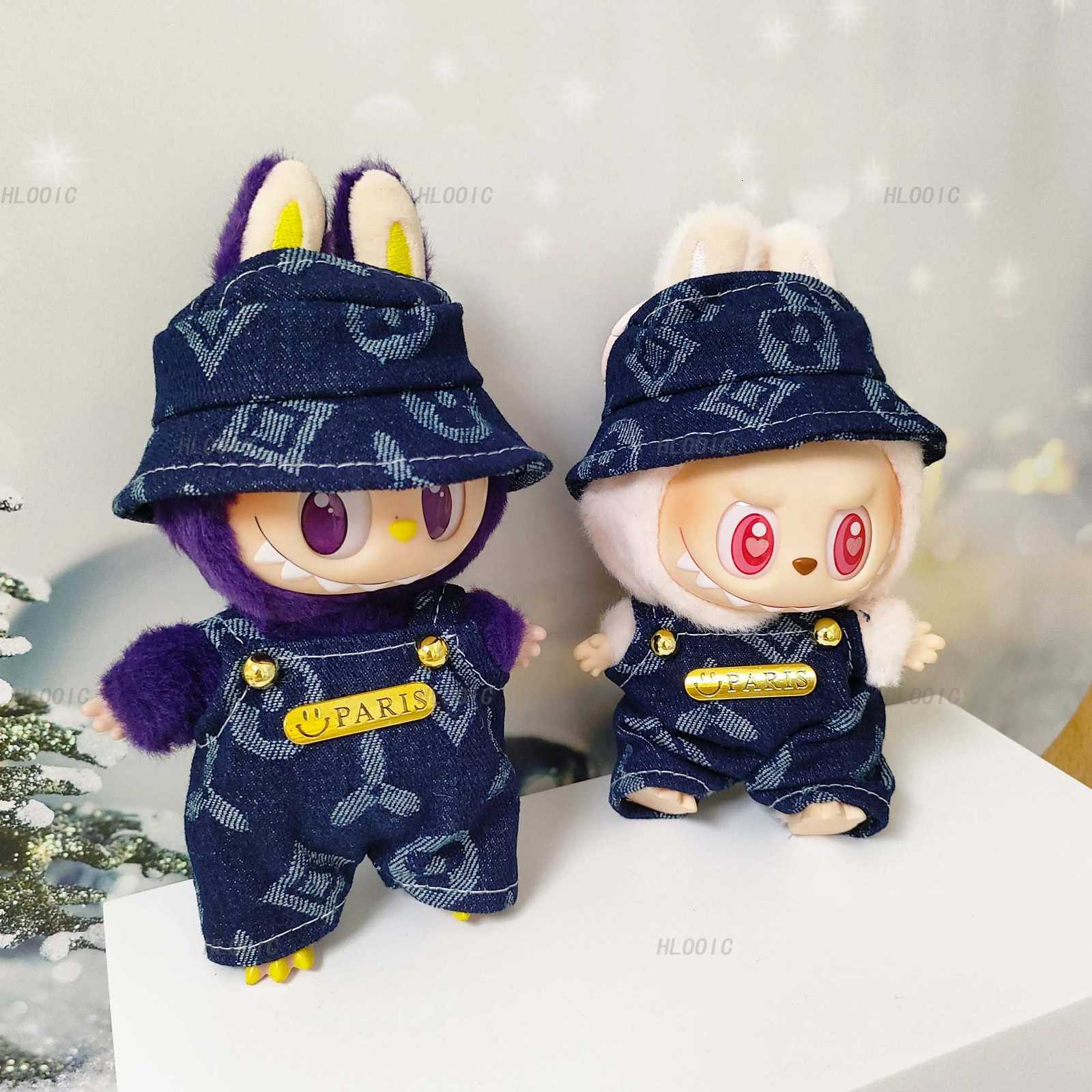 Denim Jacquard Overalls & Bucket Hat Set with Metal Badge for 15cm 17cm Labubu Dolls Outfit AccessoriesT260304