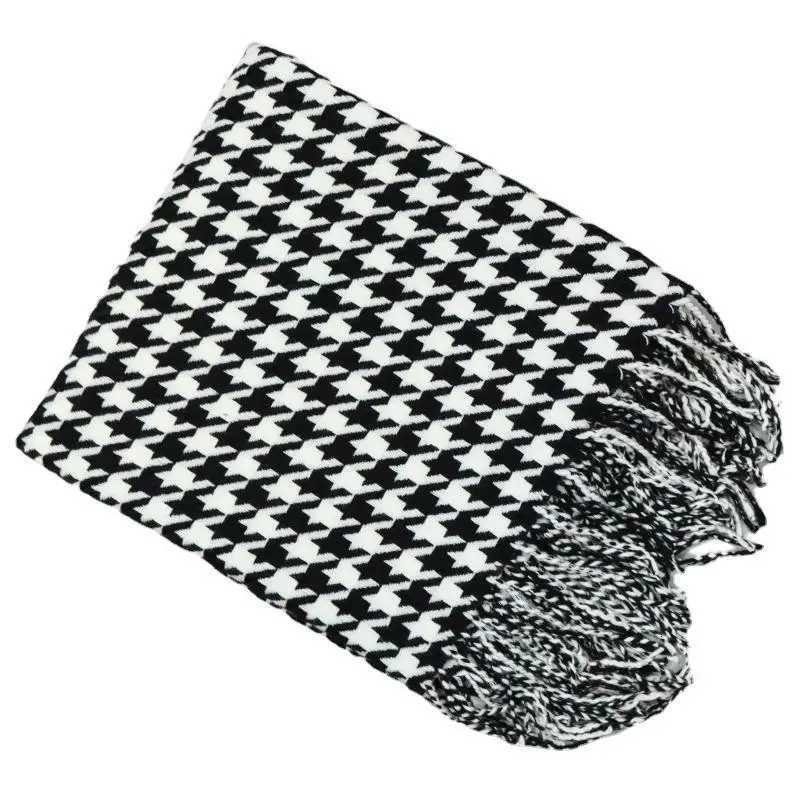 Classic Black White Checkered Throw Blanket Knitted Tassel Sofa DecorT260304