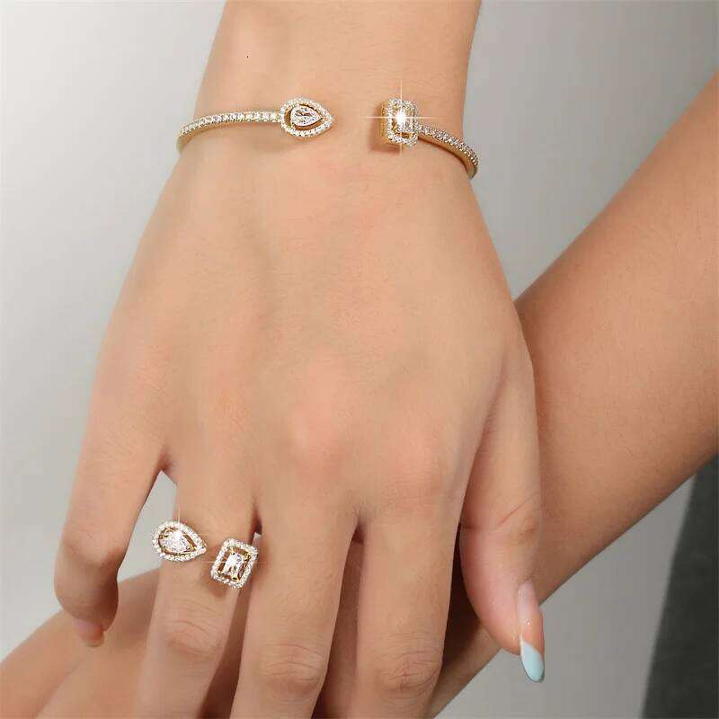 Fashion Cubic Zirconia Water Drop Open Bracelet Ring Women Men Couple Copper Metal Holiday Gift Set Party Daily Jewelry XJ260303