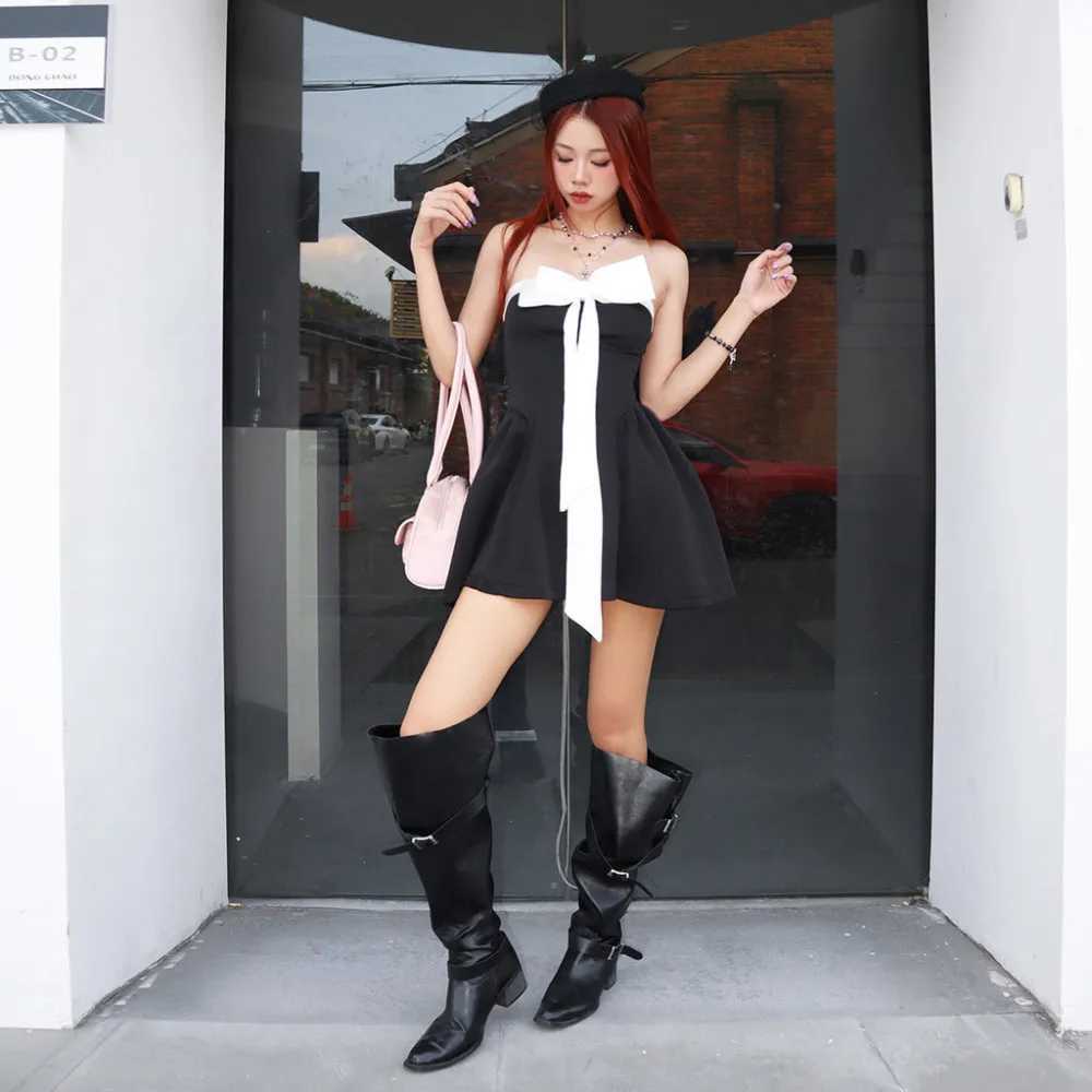 SylCue Y2K Sweet Style Mini Dress Woman Contrast Bowknot Decoration Off shoulder Backless Birthday Party Ruched Elegant Bodycon M260304