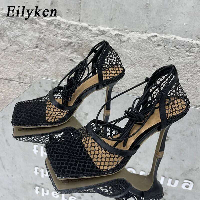 Eilyken Sexy Mesh Pumps Sandals Female Square Toe High Heel Lace Up Cross Tied Stiletto Hollow Dress Shoes Zapatos Mujer MOJIDASHU