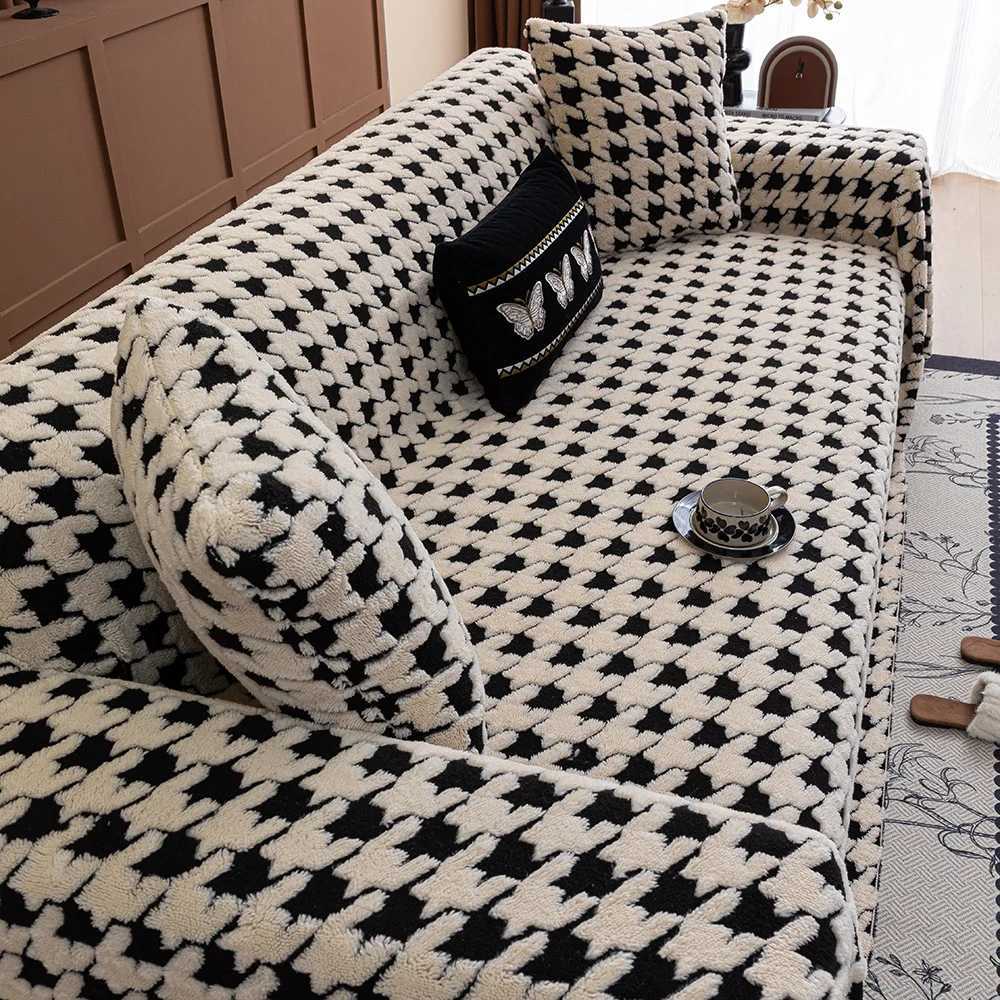 Houndstooth Soft Plush Throw Blanket Oversized Furniture Protector for Modern SofaT260304