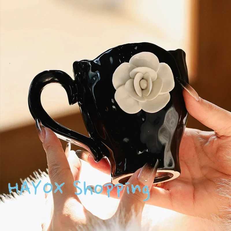 French Camellia Ceramic Coffee Mugs 3D White Rose Breakfast Milk Cup Coffee Cup Saucer Set High Quality Kitchen DrinkwareT260304