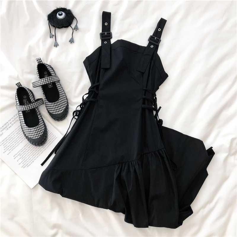 Streetwear Women Dress Fashion Summer Asymmetrical Sleeveless Sundress Lace-up Vintage Black Solid College Harajuku Chic Girls M260304