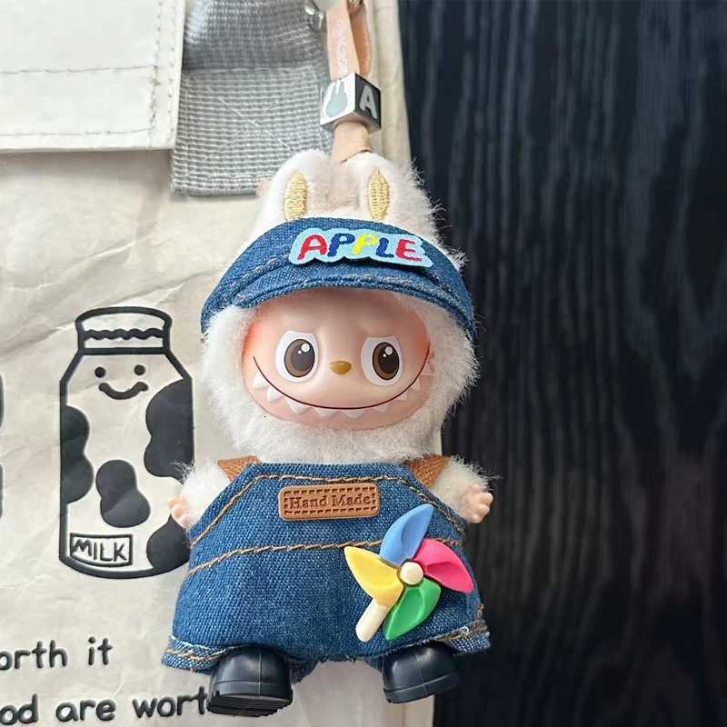 Trendy Floral Overalls Set with Bucket Hat & Hand Made Badge for 10cm Labubu Dolls Outfit AccessoriesT260304